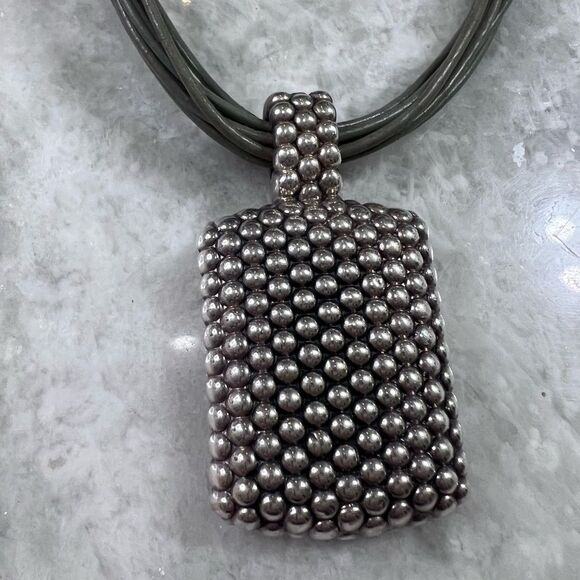 Artisan Olive Leather and Stamped Silver Pendant Necklace - Picture 4 of 15